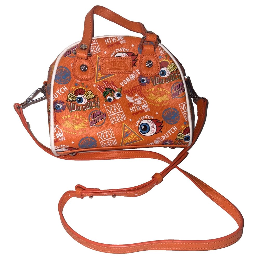 NWOT Von Dutch Orange Jax Small Bowling Bag Flying Eyeball Graphic Mini Satchel
